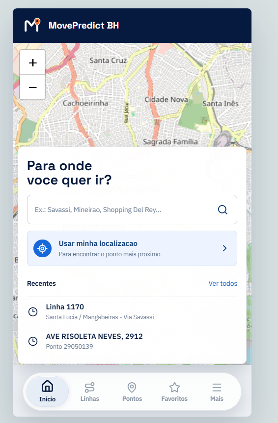 MovePredict BH: mapa de Belo Horizonte, busca de destinos e pontos recentes